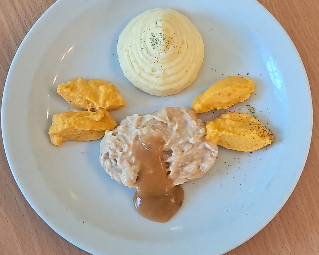 Level 4 pur&eacute;ed meal plated with quenelles and sauce