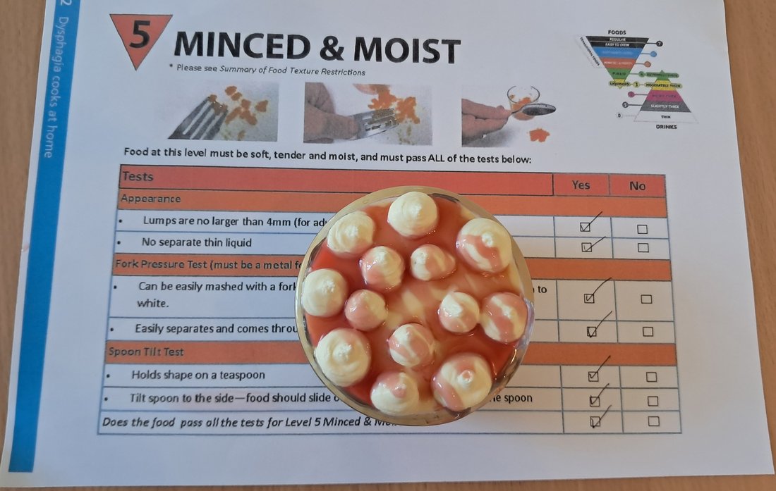 A piped dish tested against the IDDSI framework chart