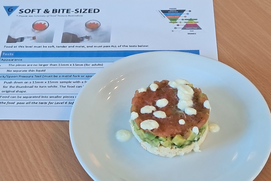 Soft and bite-sized dish with its IDDSI descriptor card