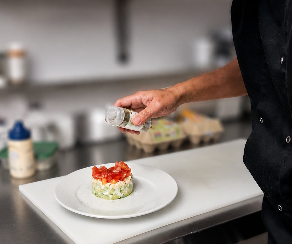 A chef plating a dysphagia-friendly dish during IDDSI training