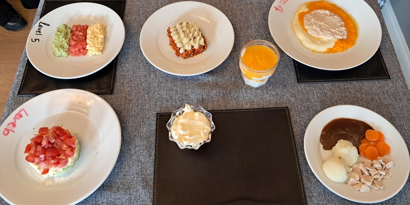 Plated food prepared to different IDDSI levels