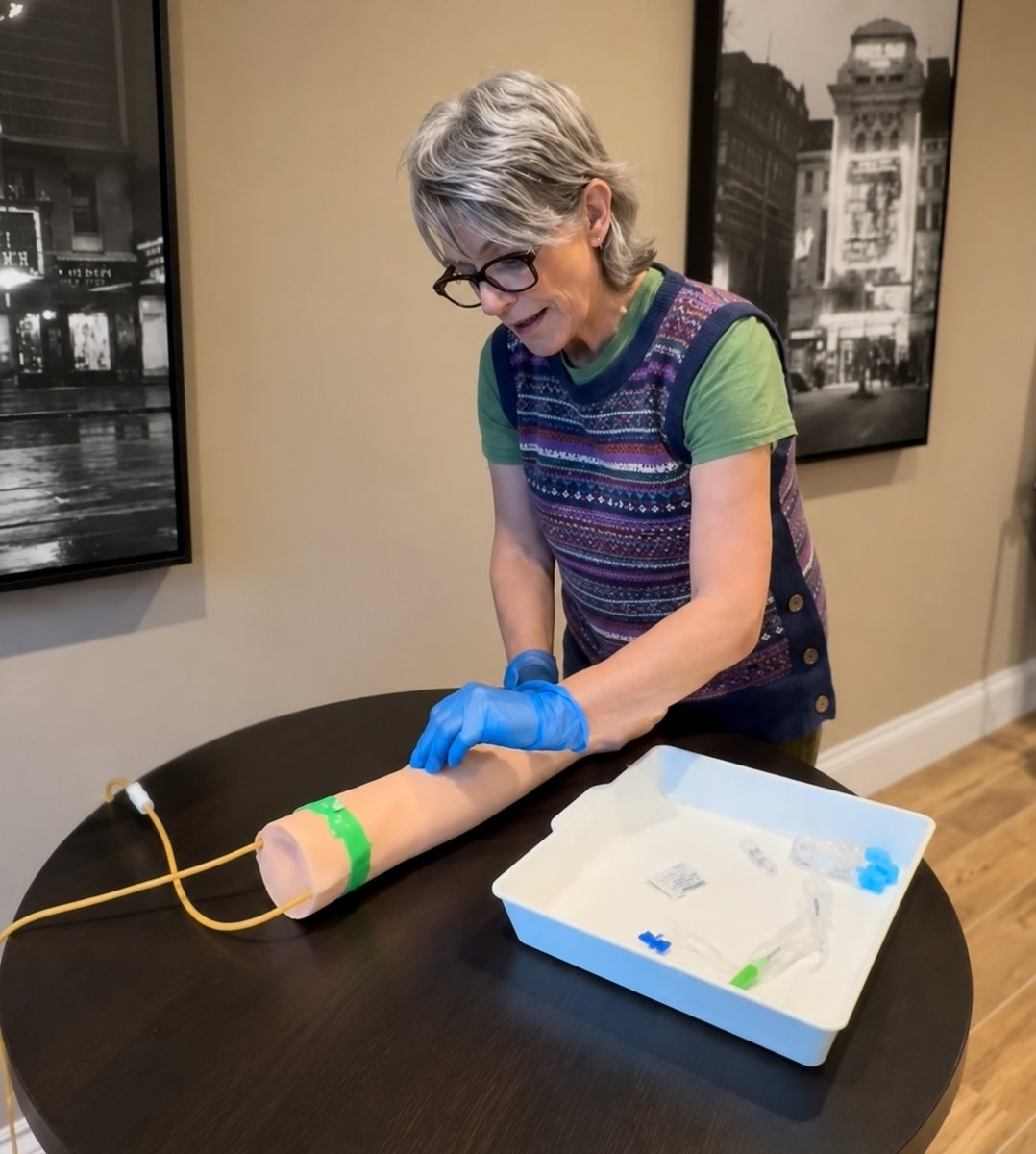 Trainer demonstrating venepuncture on a practice arm