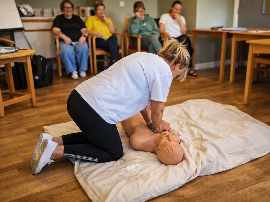 CPR practice in front of the training group