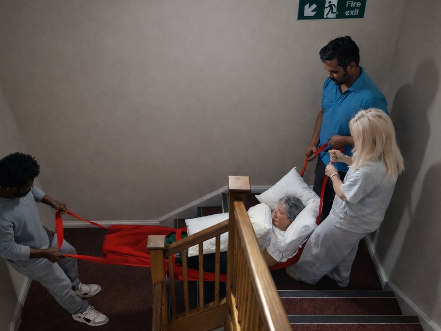 Practising an emergency evacuation down stairs using an evacuation sledge