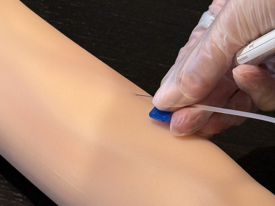 Needle inserted into a venepuncture training arm