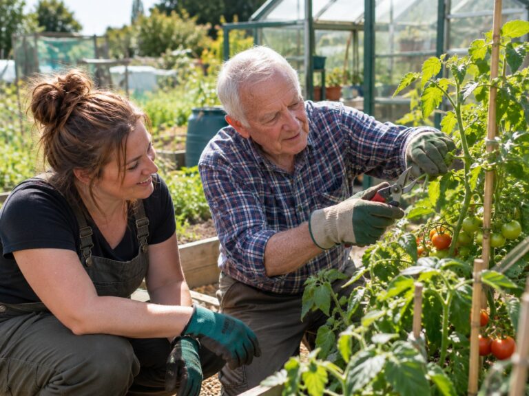 An older man showing a younger woman how to tend tomato plants at a community allotment