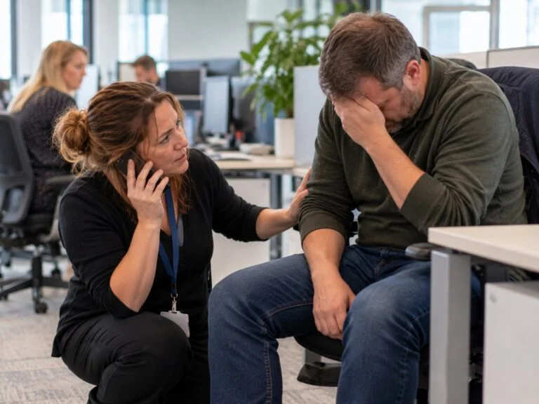 A woman kneeling beside a colleague who is unwell at his desk, phone to her ear, hand on his shoulder