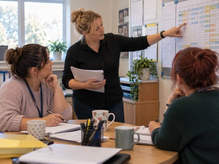 A care home manager pointing at a wall planner while two colleagues make notes at the table
