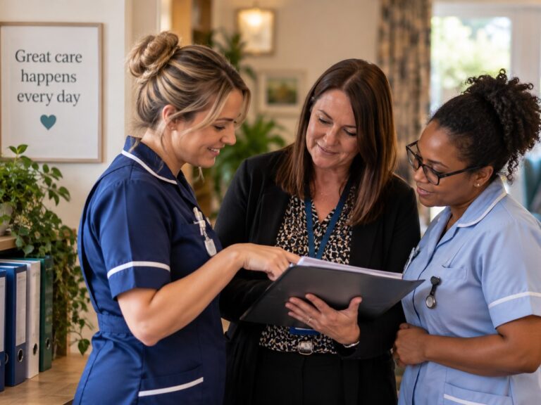 A care home manager and two carers looking through a folder of care records together