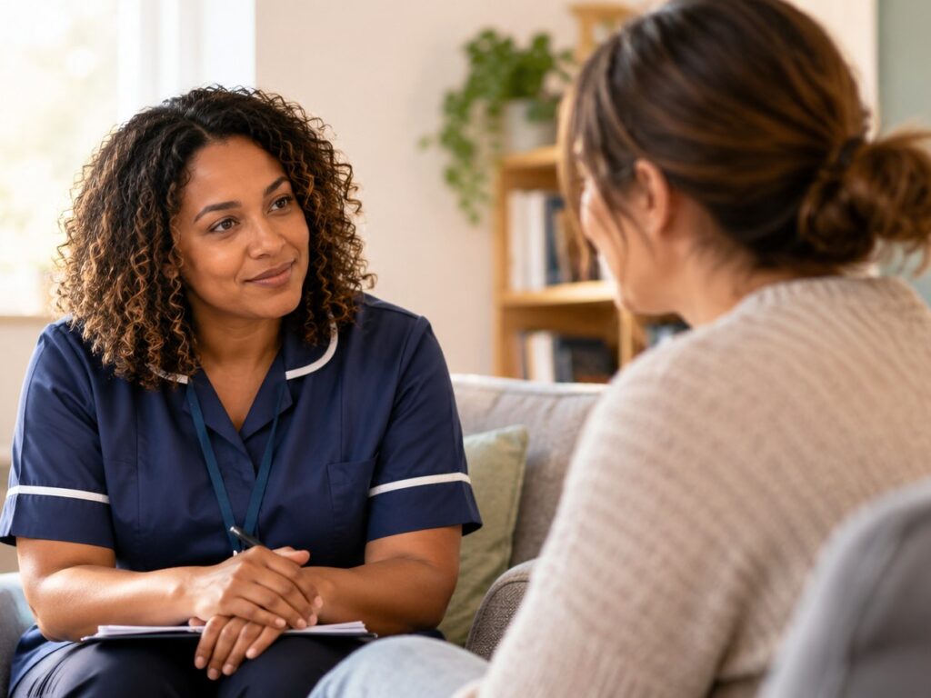 A carer in a navy uniform listening warmly to a woman during a one-to-one conversation