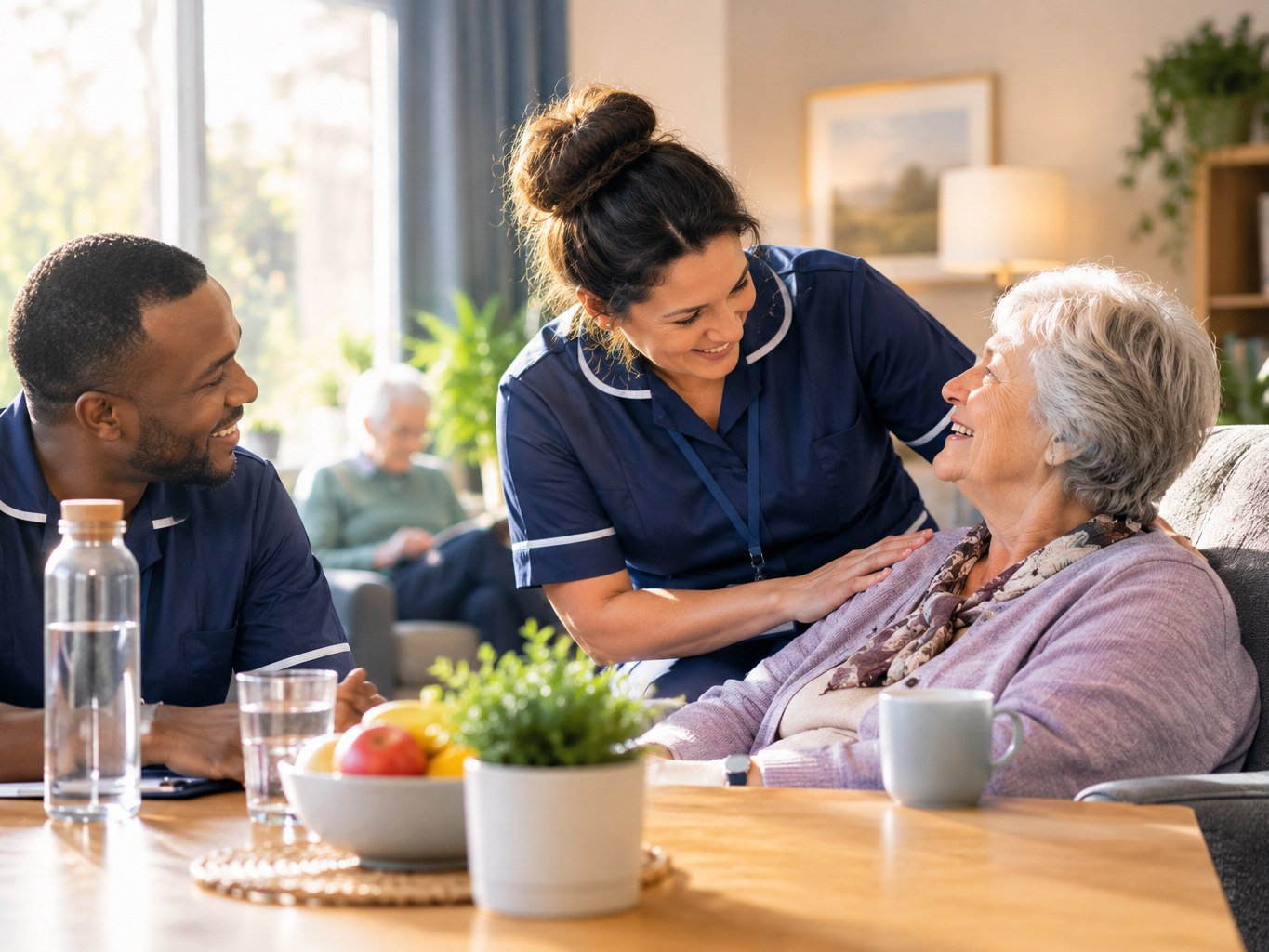 Two carers chatting and smiling with an older woman in a bright care home lounge