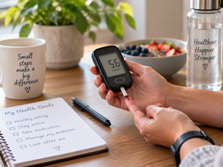 A person checking their blood glucose with a meter at a table, beside a health goals notebook, fruit and a water bottle