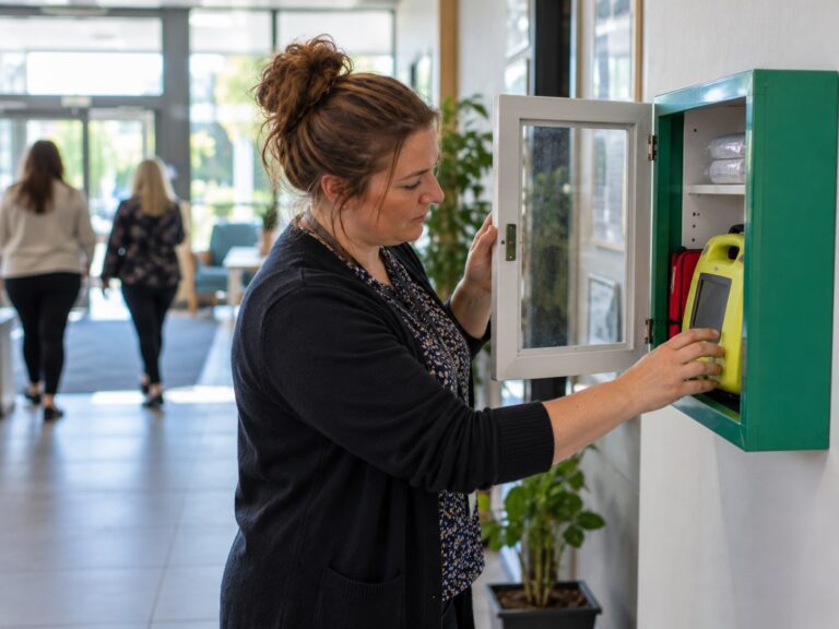 A member of staff opening a wall-mounted defibrillator cabinet in an office lobby