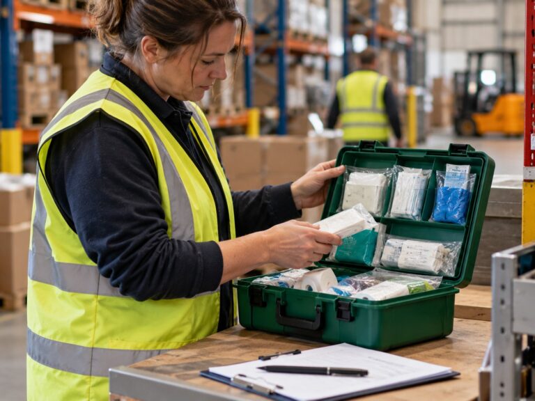 A worker in a hi-vis vest checking the contents of a first aid kit on a warehouse workbench
