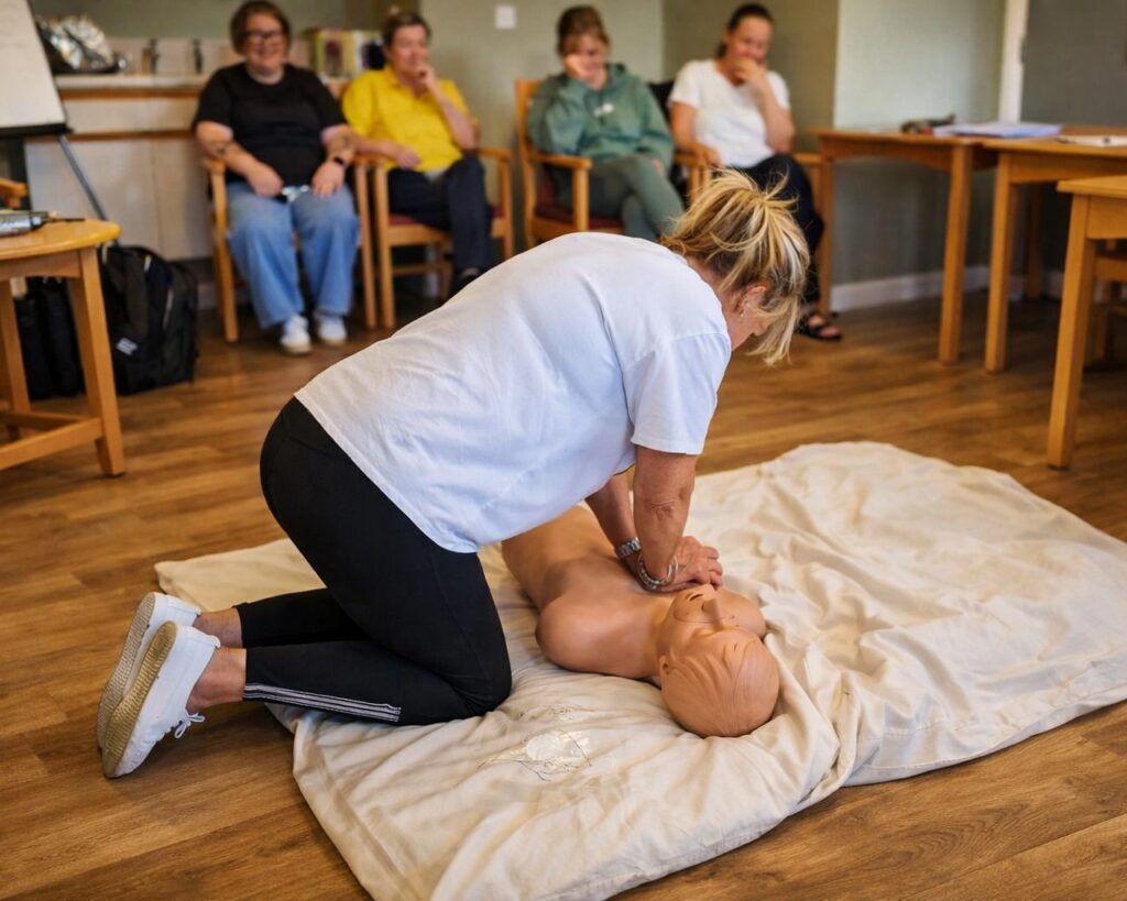 A delegate practising chest compressions on a manikin while others watch