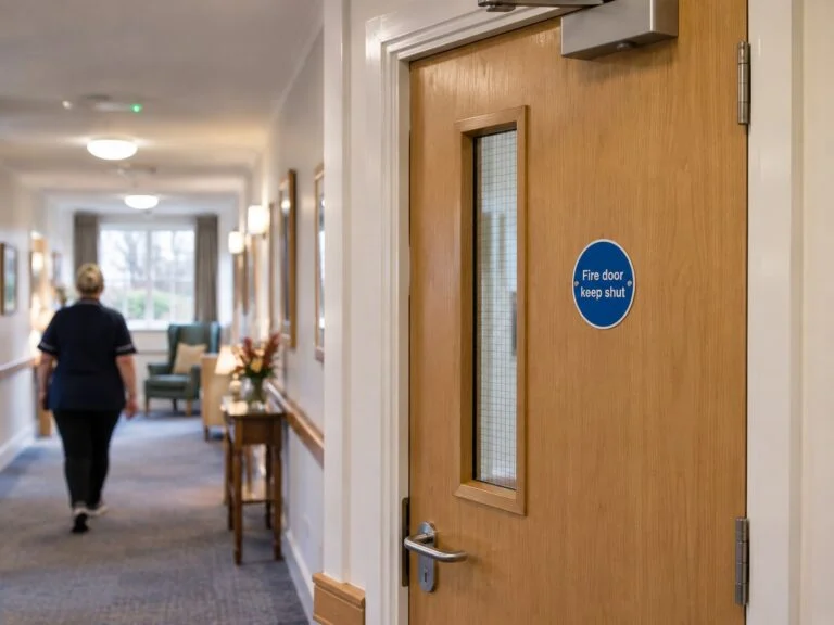 A closed fire door with a Fire door keep shut sign in a care home corridor