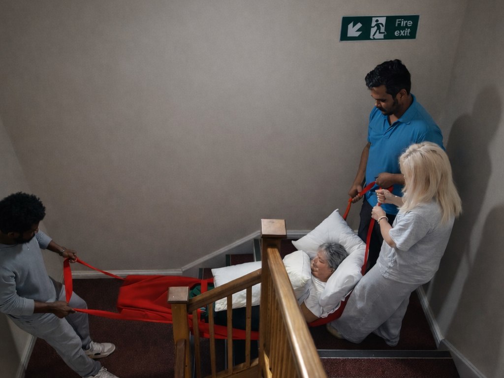Care staff evacuating a resident down a stairwell on an evacuation sheet, beneath a fire exit sign