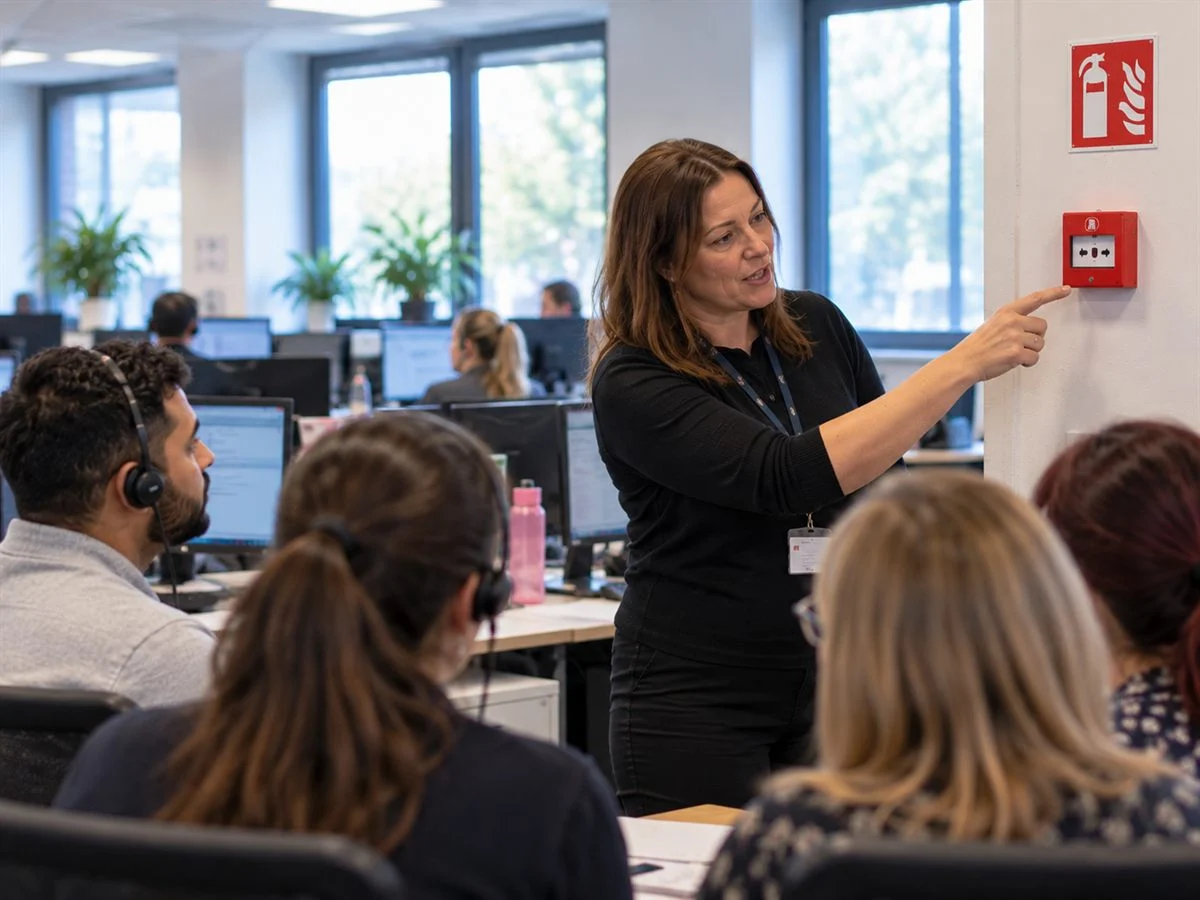 A trainer showing contact centre staff the fire alarm call point during fire marshal training