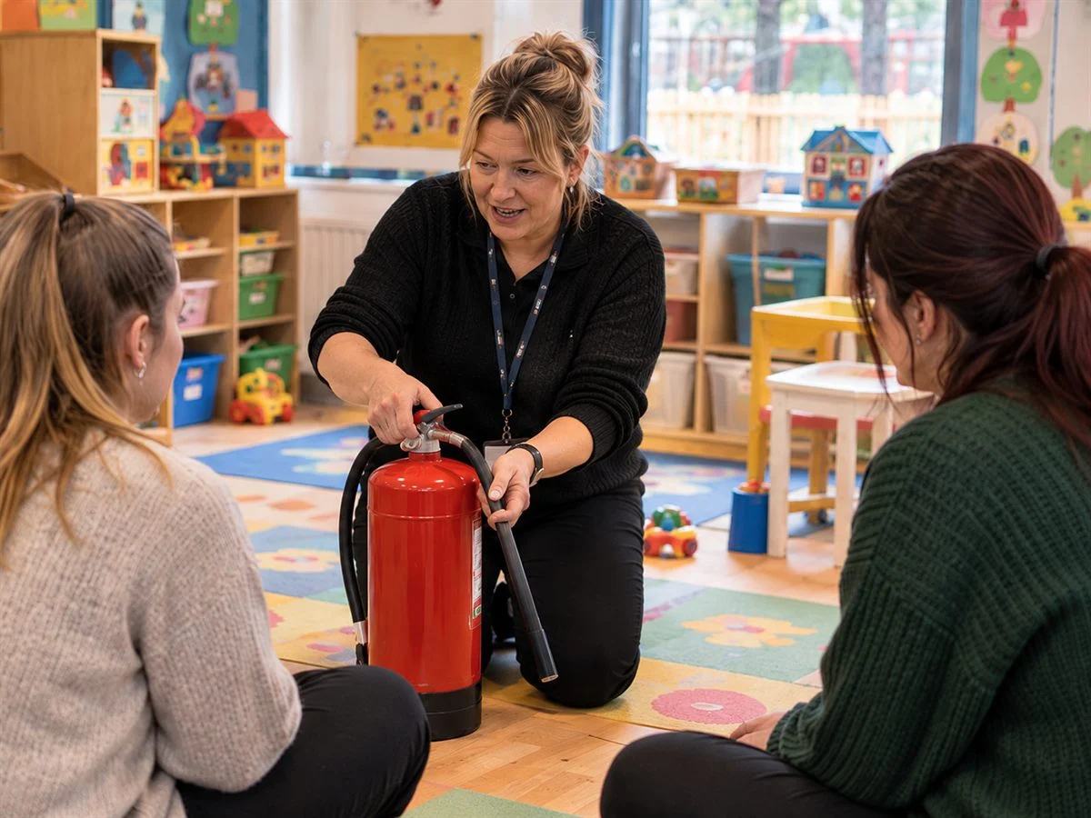 A trainer showing nursery staff how to use a fire extinguisher during fire marshal training
