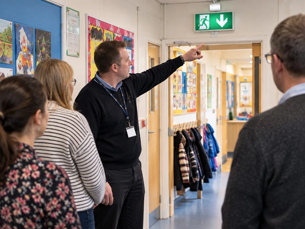 A trainer pointing out the fire exit route to school staff during fire marshal training