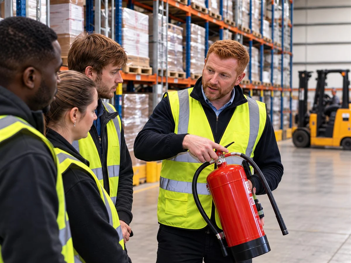 A trainer demonstrating a fire extinguisher to warehouse staff in hi-vis vests during fire marshal training