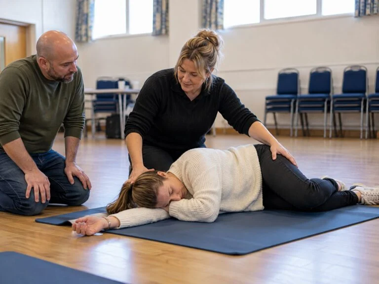 Delegates practising the recovery position on a mat in a community hall while a trainer guides them