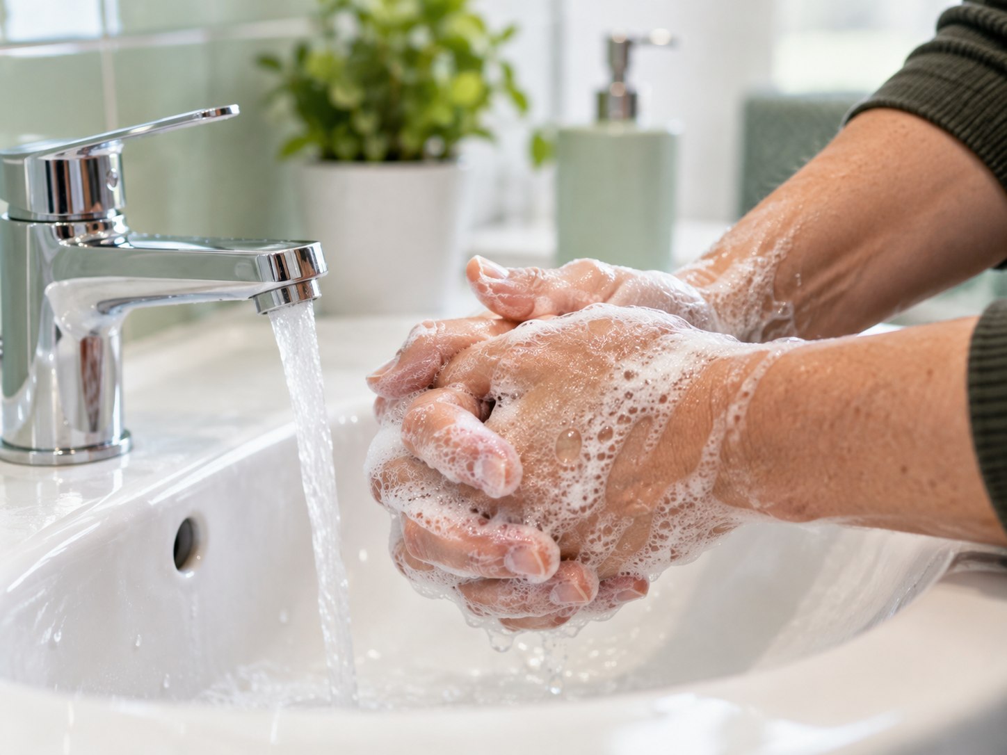 Hands being washed thoroughly with soap under a running tap