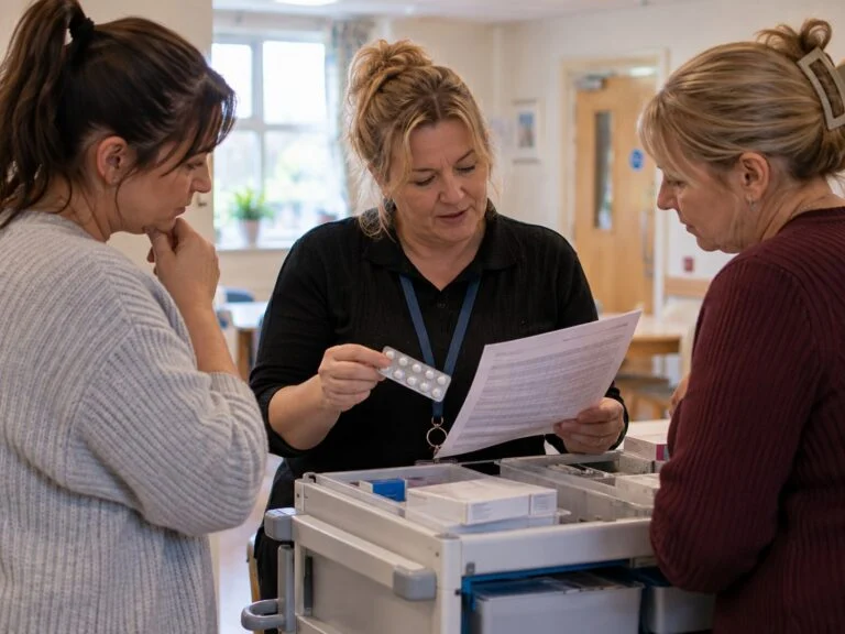 A trainer holding a blister pack and a medication chart beside a medication trolley with two care staff