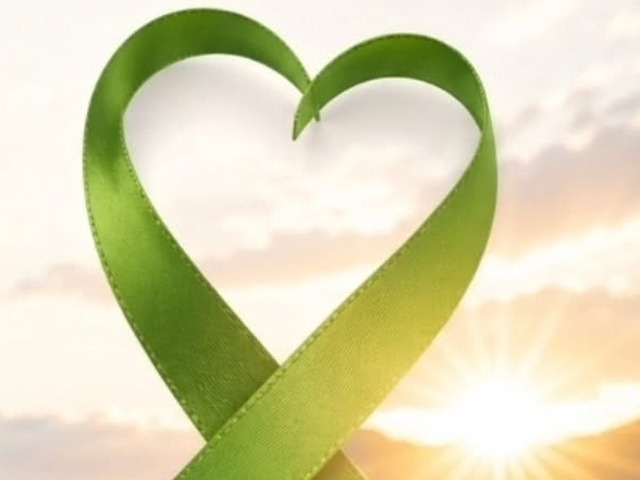 A green mental health awareness ribbon shaped into a heart at sunrise