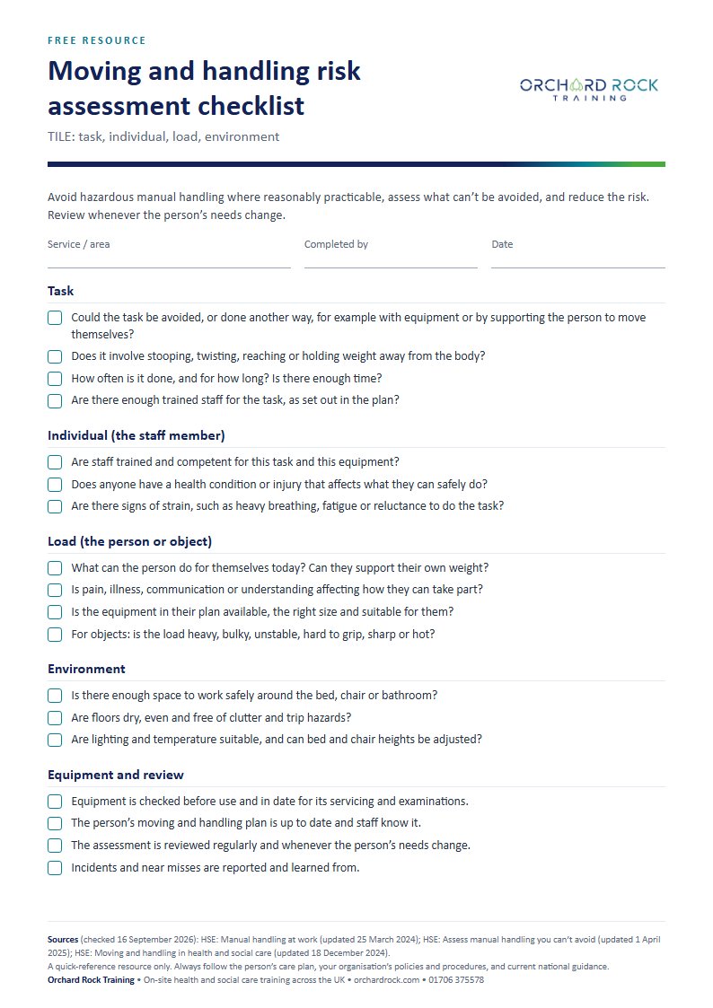 Preview of the Moving and handling risk assessment checklist from Orchard Rock Training