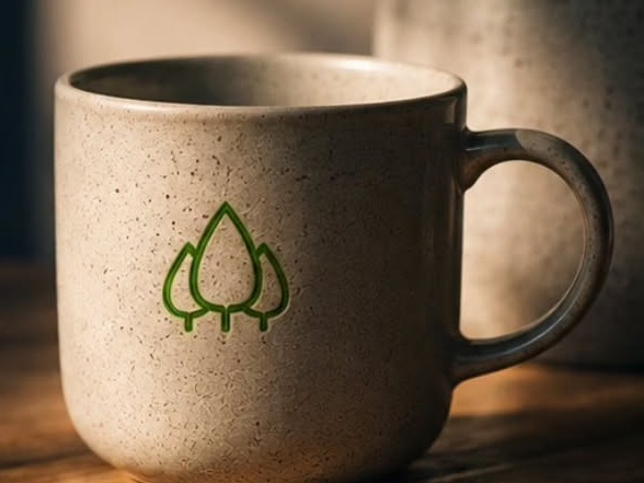 A speckled mug with the Orchard Rock tree logo on a wooden table in warm evening light
