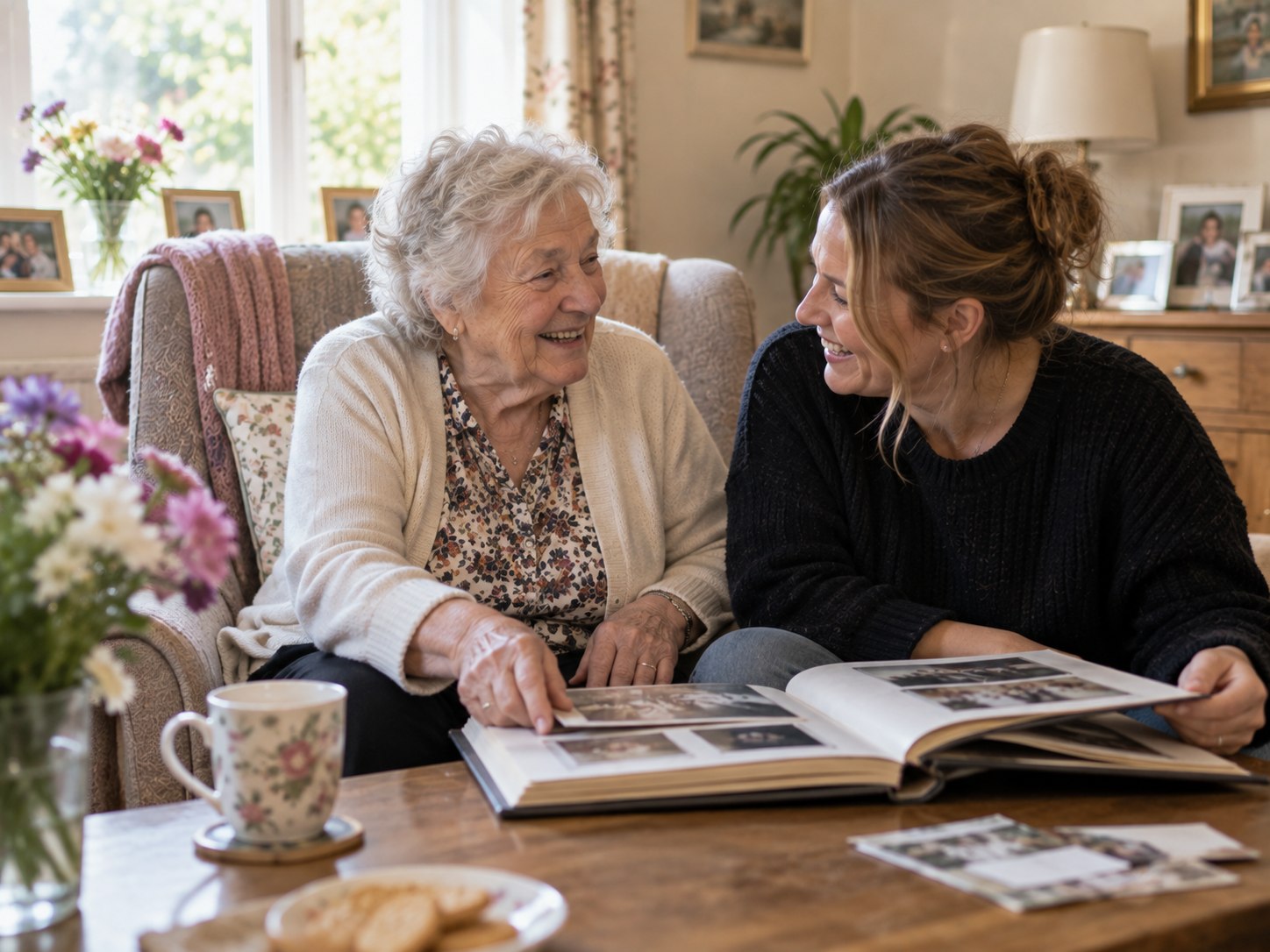 An older woman and a younger woman laughing together over a family photo album in a bright living room