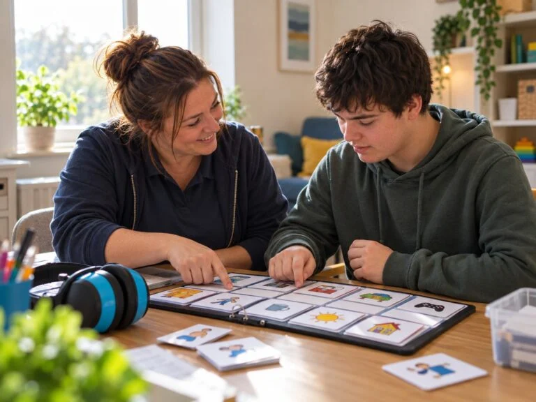 A support worker and a young man using a board of picture symbols together at a table, with ear defenders nearby
