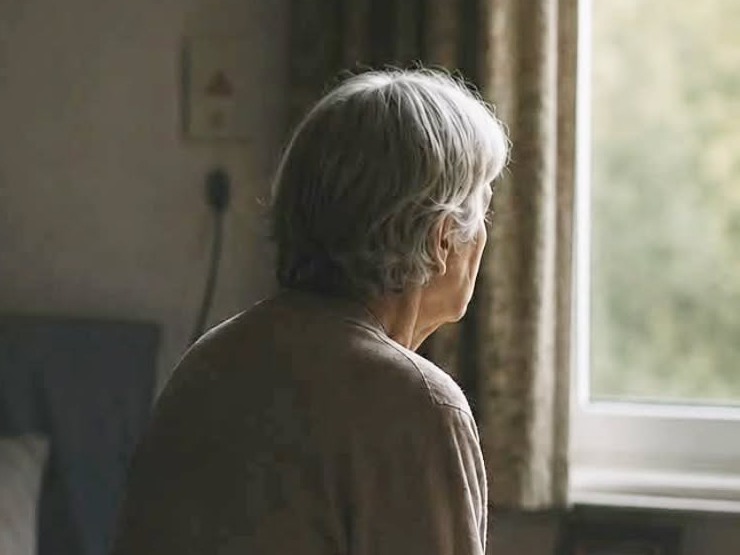 An older woman sitting alone on her bed, looking out of the window
