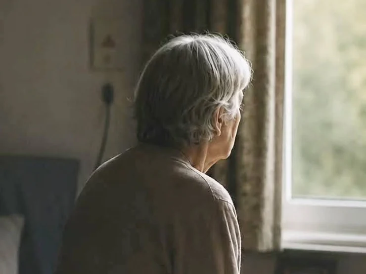An older woman sitting alone on her bed, looking out of the window