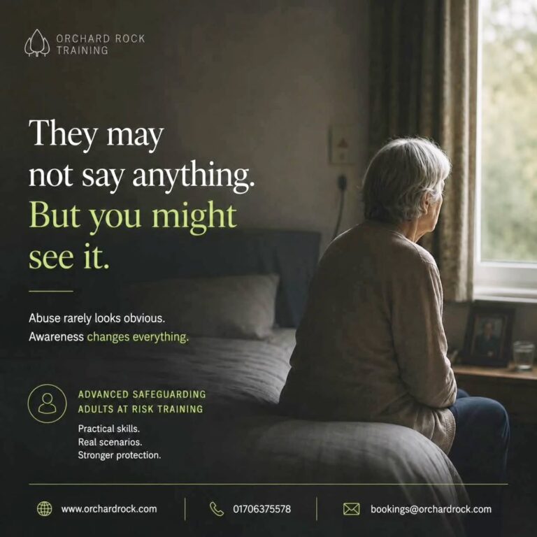 An older woman sitting alone by a window, with the words: They may not say anything. But you might see it. Abuse rarely looks obvious. Awareness changes everything.