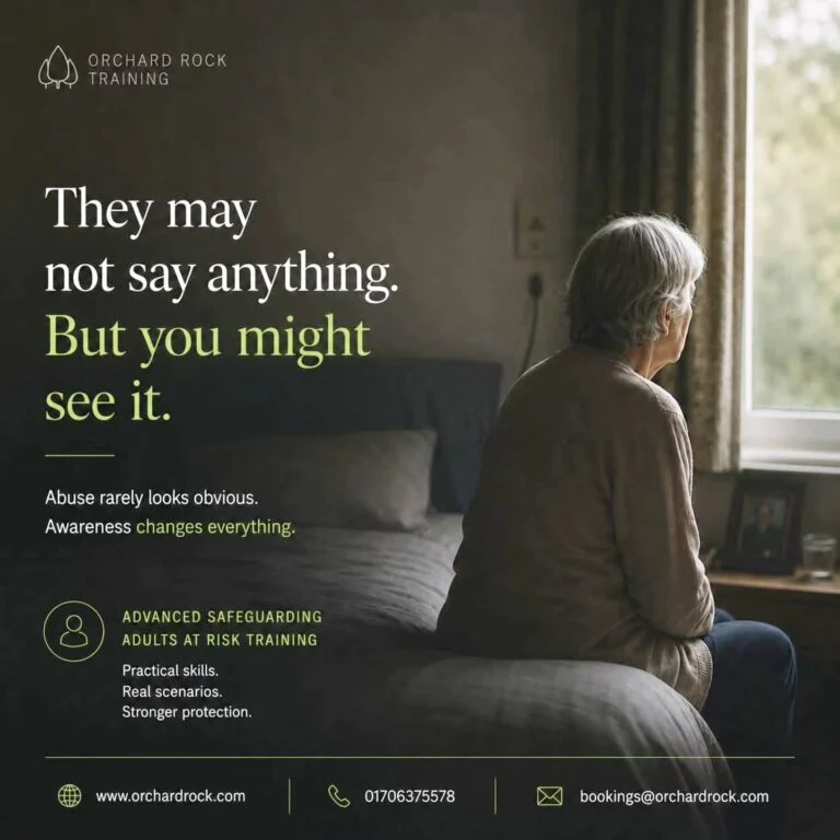 An older woman sitting alone by a window, with the words: They may not say anything. But you might see it. Abuse rarely looks obvious. Awareness changes everything.