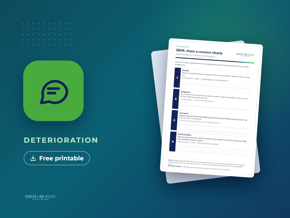 SBAR communication template: free printable resource from Orchard Rock Training