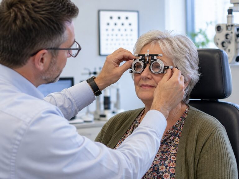 An optometrist adjusting a trial frame during a sight test for an older woman