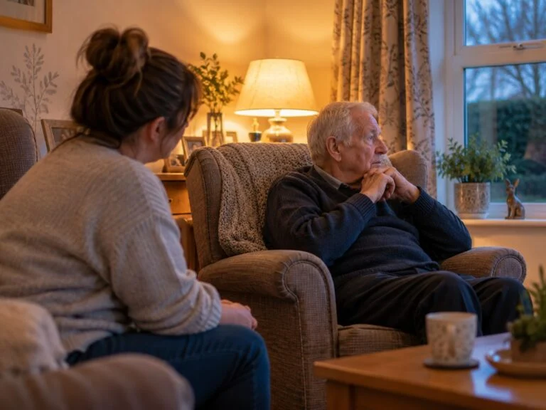 A care worker sitting quietly beside an older man in his armchair in a warmly lit lounge
