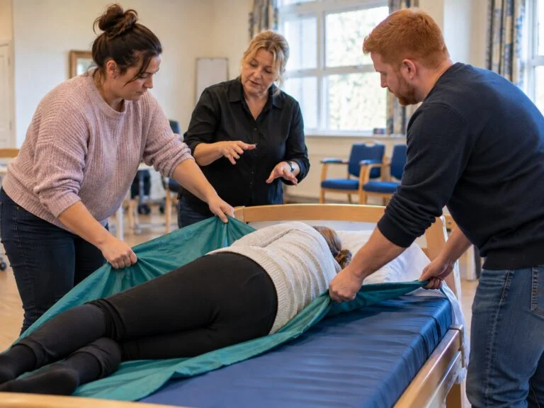Two delegates practising with a slide sheet on a profiling bed while a trainer talks them through it