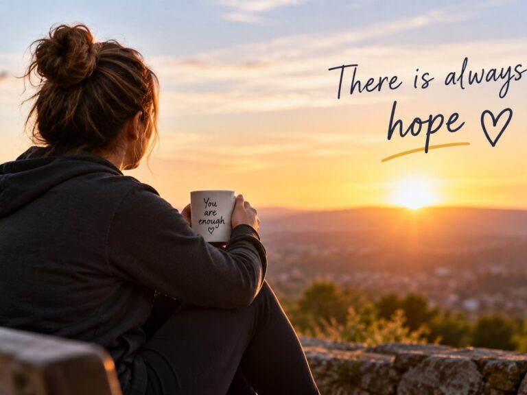 A woman holding a mug and watching the sunrise, with the words ‘There is always hope’