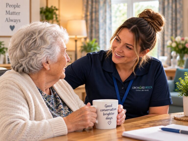 A smiling carer chatting with an older woman holding a mug at a table in a care home lounge