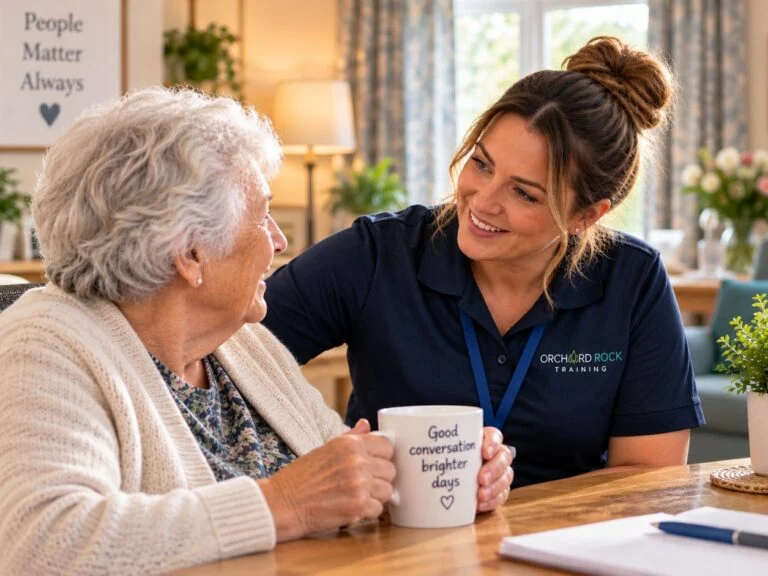 A smiling carer chatting with an older woman holding a mug at a table in a care home lounge