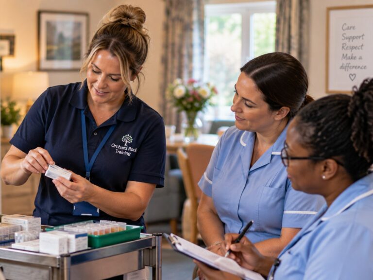 An Orchard Rock trainer showing a medication box at a medication trolley to two care staff