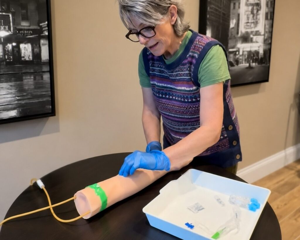 A delegate practising venepuncture on a training arm