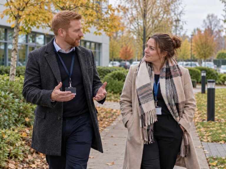 Two colleagues walking and talking together on a path outside their workplace in autumn