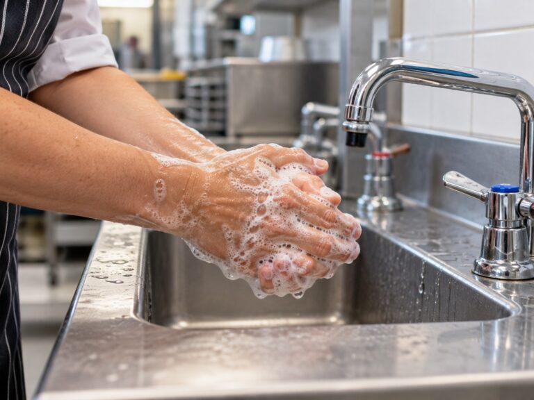 Hands being washed thoroughly with soap and lather at a stainless steel sink