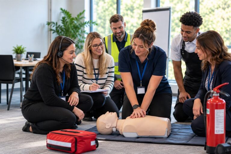Office, contact centre, warehouse and hospitality staff practising CPR during workplace first aid training