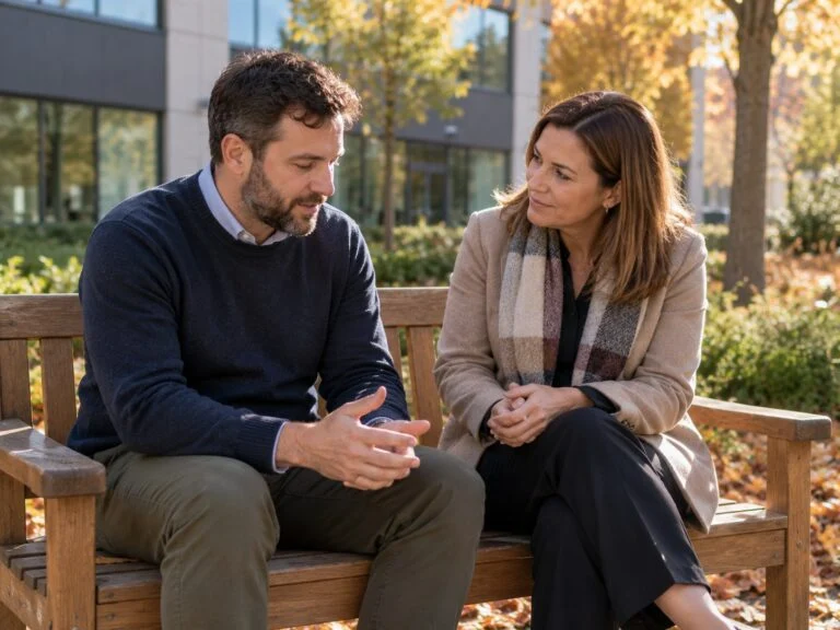 Two colleagues talking quietly on a bench outside their office in autumn